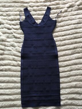 Herve Leger Authentic LilyKate Navy Sleeveless Bodycon Dress Midi Length